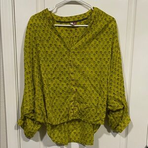 Pilcro Yellow Green Printed Long-Sleeve V-Neck Blouse